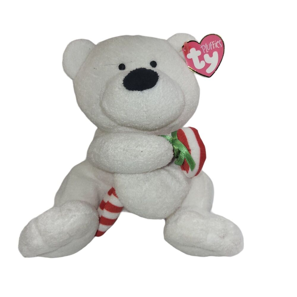 Ty Pluffies Plush Candy Cane Christmas Polar Bear Tylux Stuffed Animal 2005 8"‎
